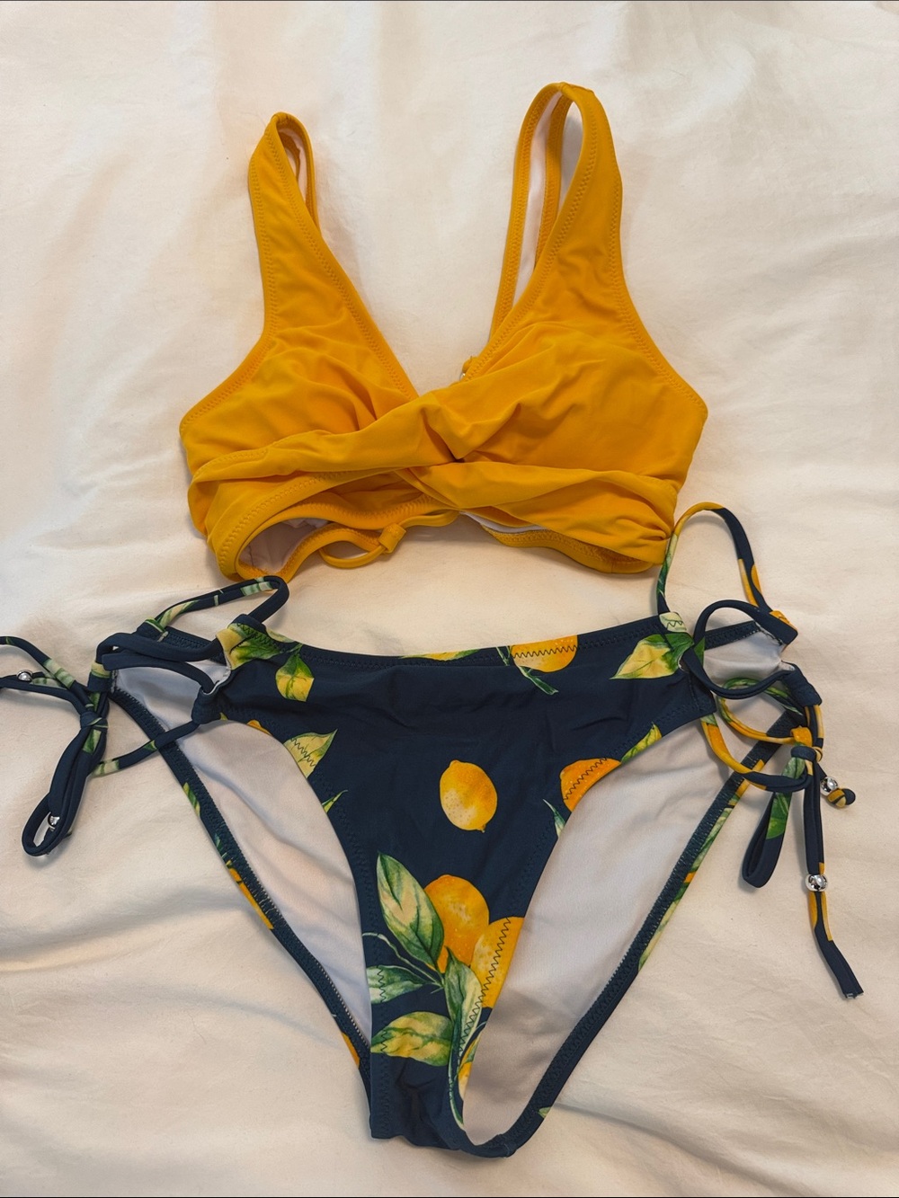 Yellow Twist Bralette Bikini Top with Navy Lemon Print Tie-Side Bottoms Small.